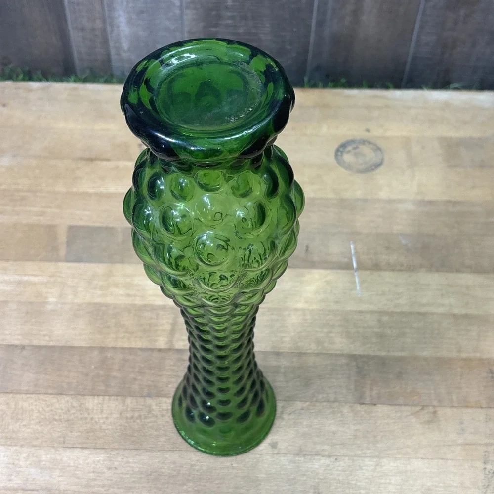 Vintage MCM Empoli Style Emerald Green Hobnail Bubble Glass Vase Italian